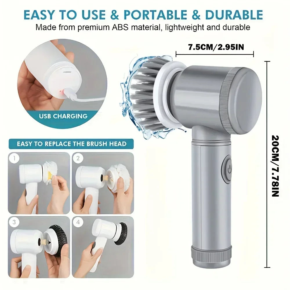 Cepillo Eléctrico de Limpieza Inalámbrico Giratorio - Recargable con 5 Cabezales, para Baño, Cocina y Hogar