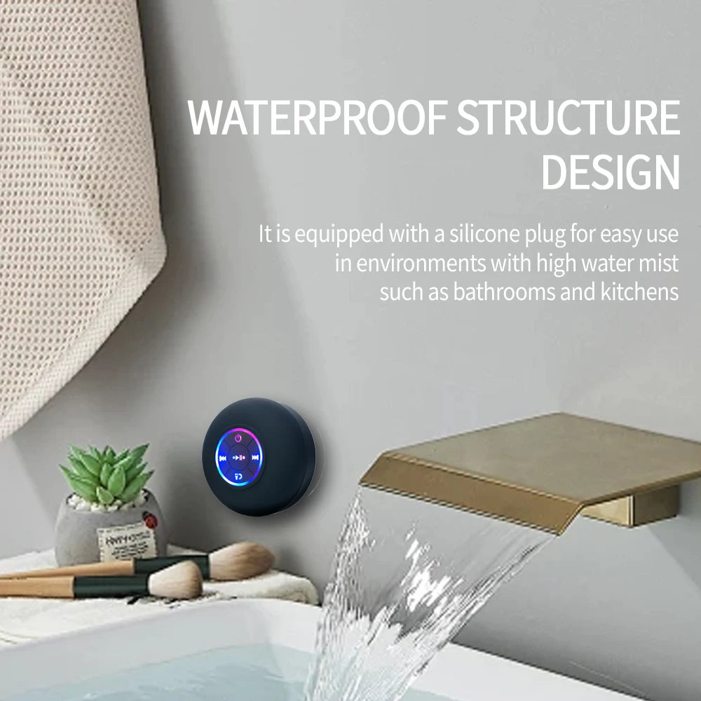 Parlante Bluetooth Portátil con Ventosa - Mini, Luces LED, Resistente al Agua IPX4, Manos Libres