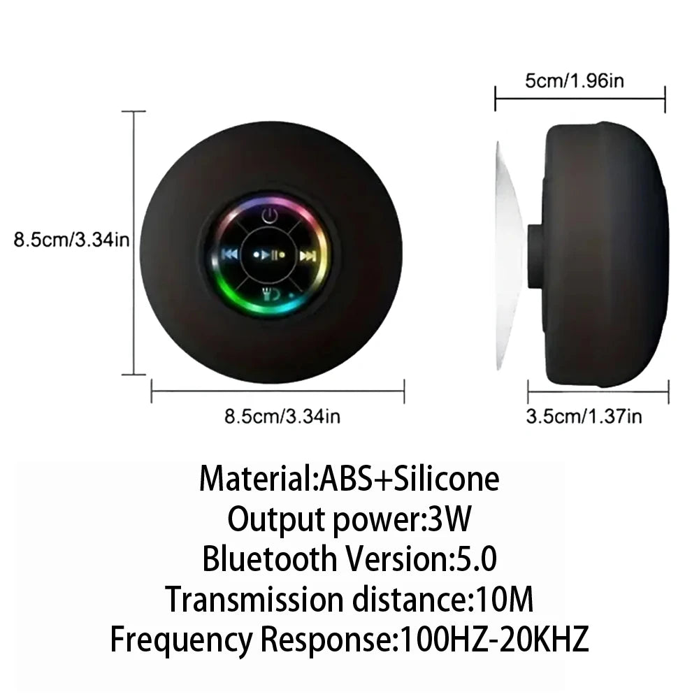 Parlante Bluetooth Portátil con Ventosa - Mini, Luces LED, Resistente al Agua IPX4, Manos Libres