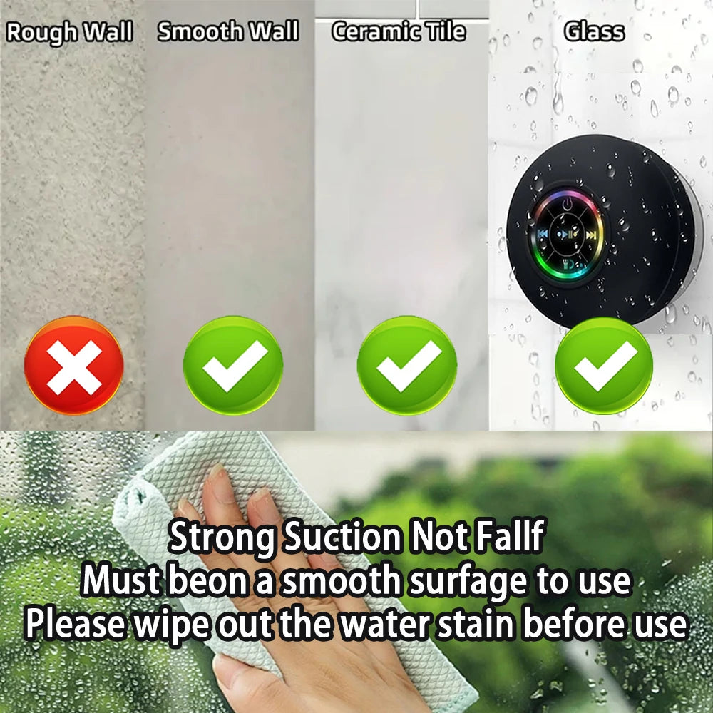 Parlante Bluetooth Portátil con Ventosa - Mini, Luces LED, Resistente al Agua IPX4, Manos Libres