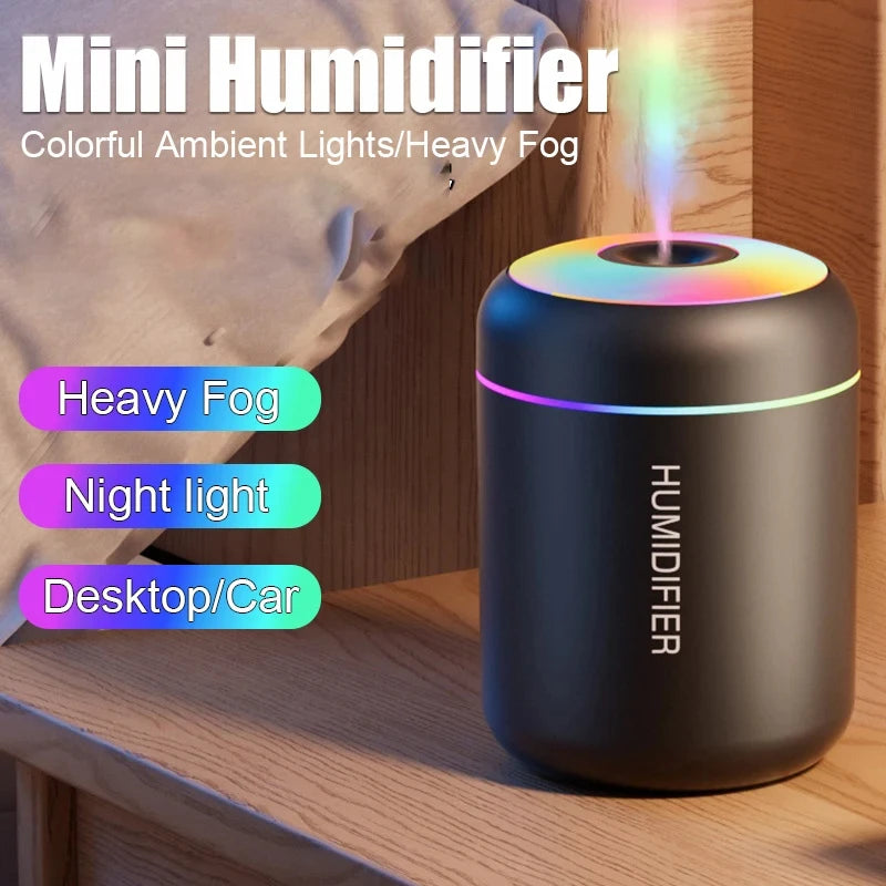 Mini Humidificador y Difusor de Aromas USB - Luz LED de Colores, Niebla Fría 360°, Silencioso para Hogar, Oficina y Auto