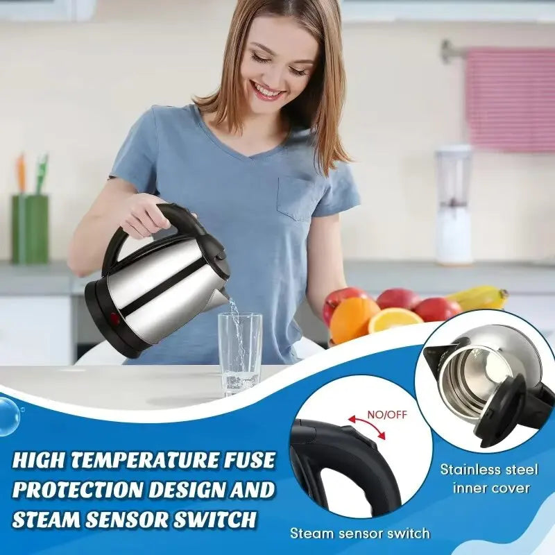 Pava Eléctrica 2L de Acero Inoxidable - Calienta Agua Rápido 1000W con Apagado Automático