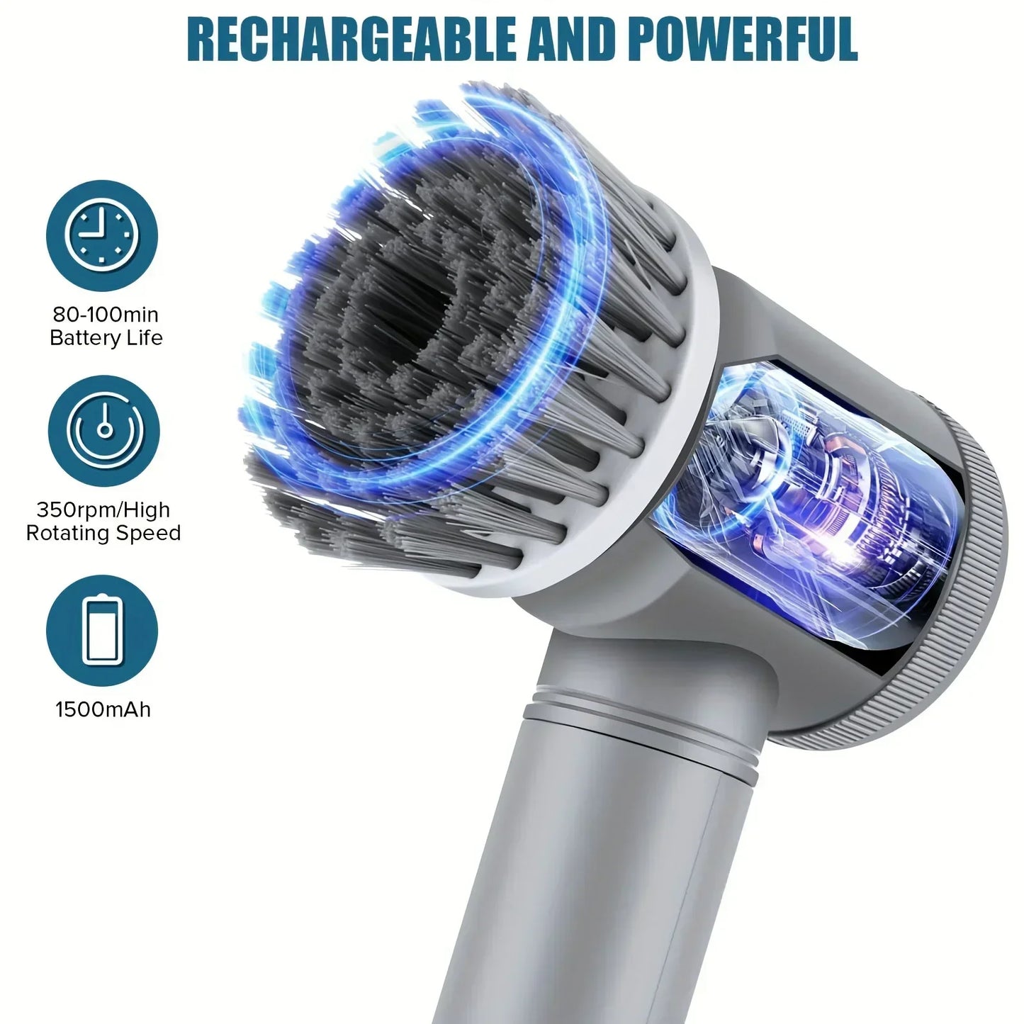 Cepillo Eléctrico de Limpieza Inalámbrico Giratorio - Recargable con 5 Cabezales, para Baño, Cocina y Hogar