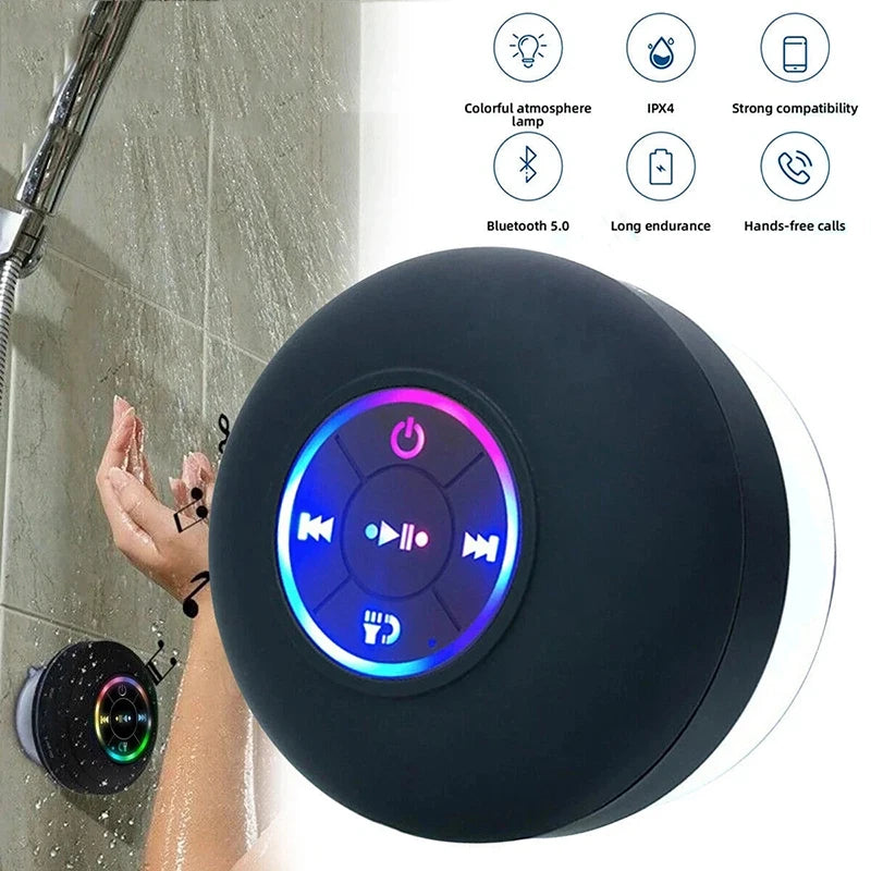 Parlante Bluetooth Portátil con Ventosa - Mini, Luces LED, Resistente al Agua IPX4, Manos Libres