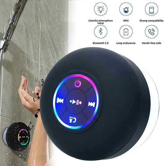 Parlante Bluetooth Portátil con Ventosa - Mini, Luces LED, Resistente al Agua IPX4, Manos Libres